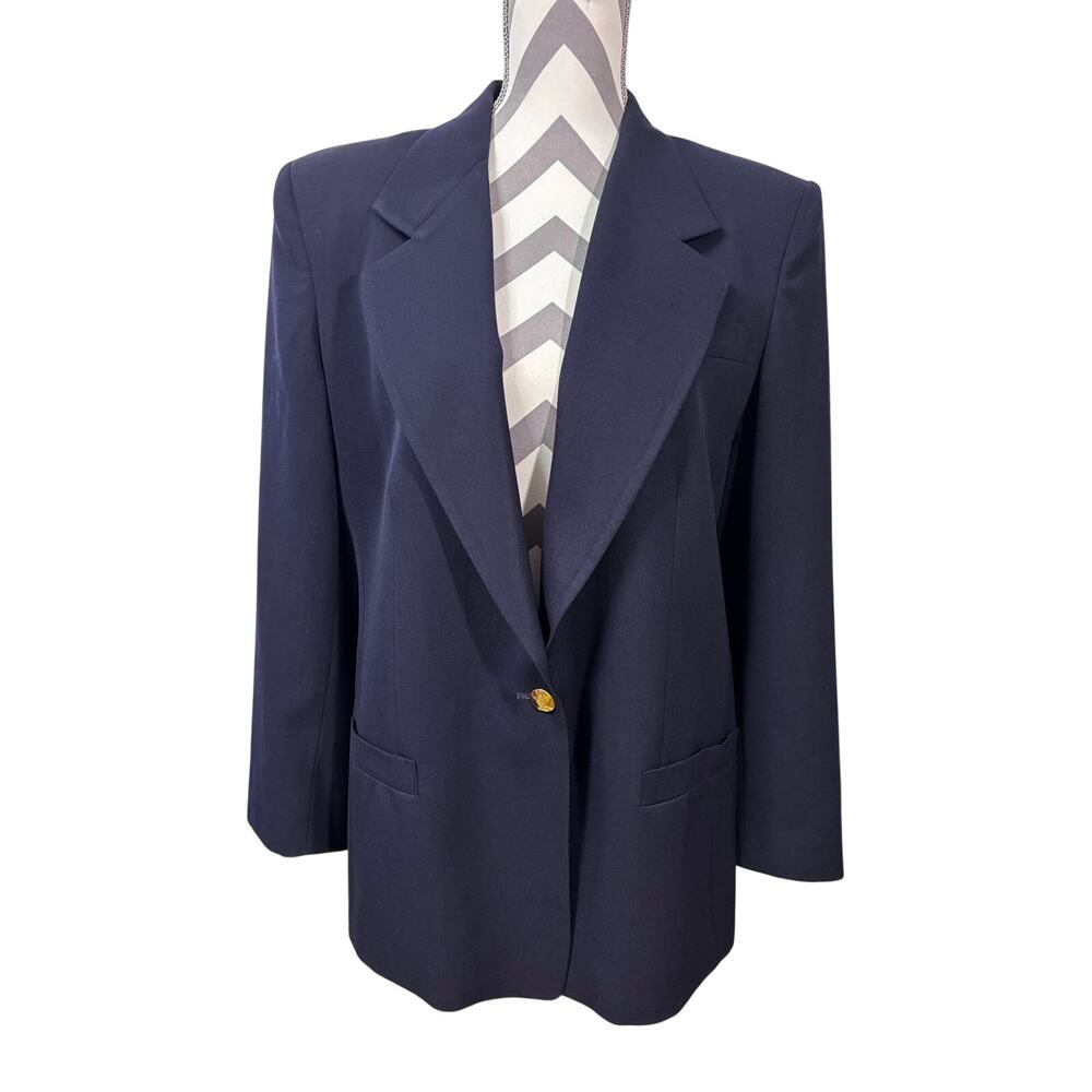 Vintage Austin Reed Blazer Womens 14 Navy Blue Worsted Wool Made USA Gold Button